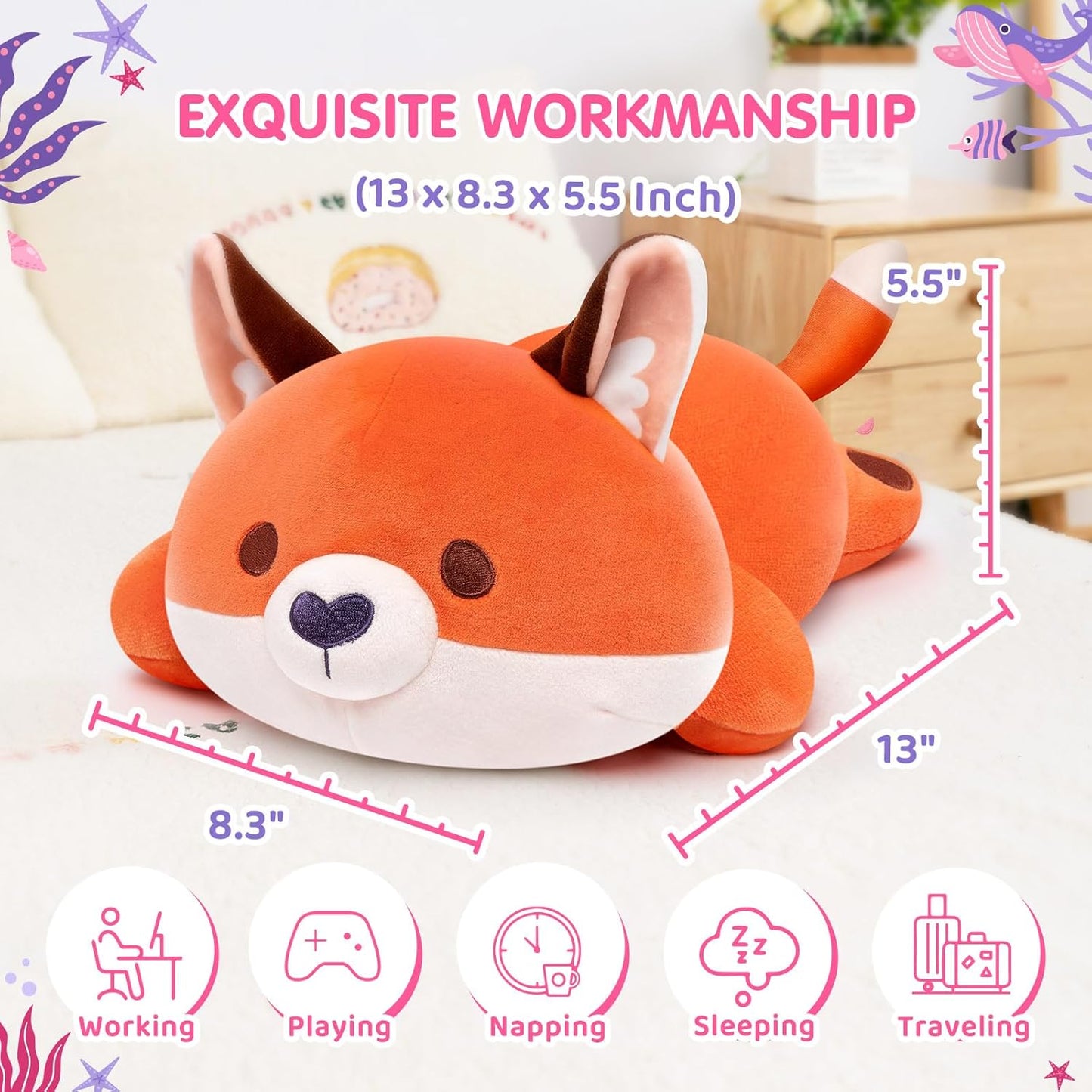 Mewaii Cute Fox Plush Pillow, Kawaii Plushies Red Fox Stuffed Animals, Squishy Plushies, Cuddle Foxes Plush Pillow for Kids & Girls (13 Inch)