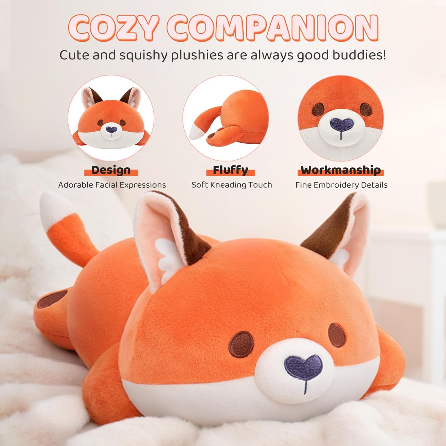 Mewaii Cute Fox Plush Pillow, Kawaii Plushies Red Fox Stuffed Animals, Squishy Plushies, Cuddle Foxes Plush Pillow for Kids & Girls (13 Inch)