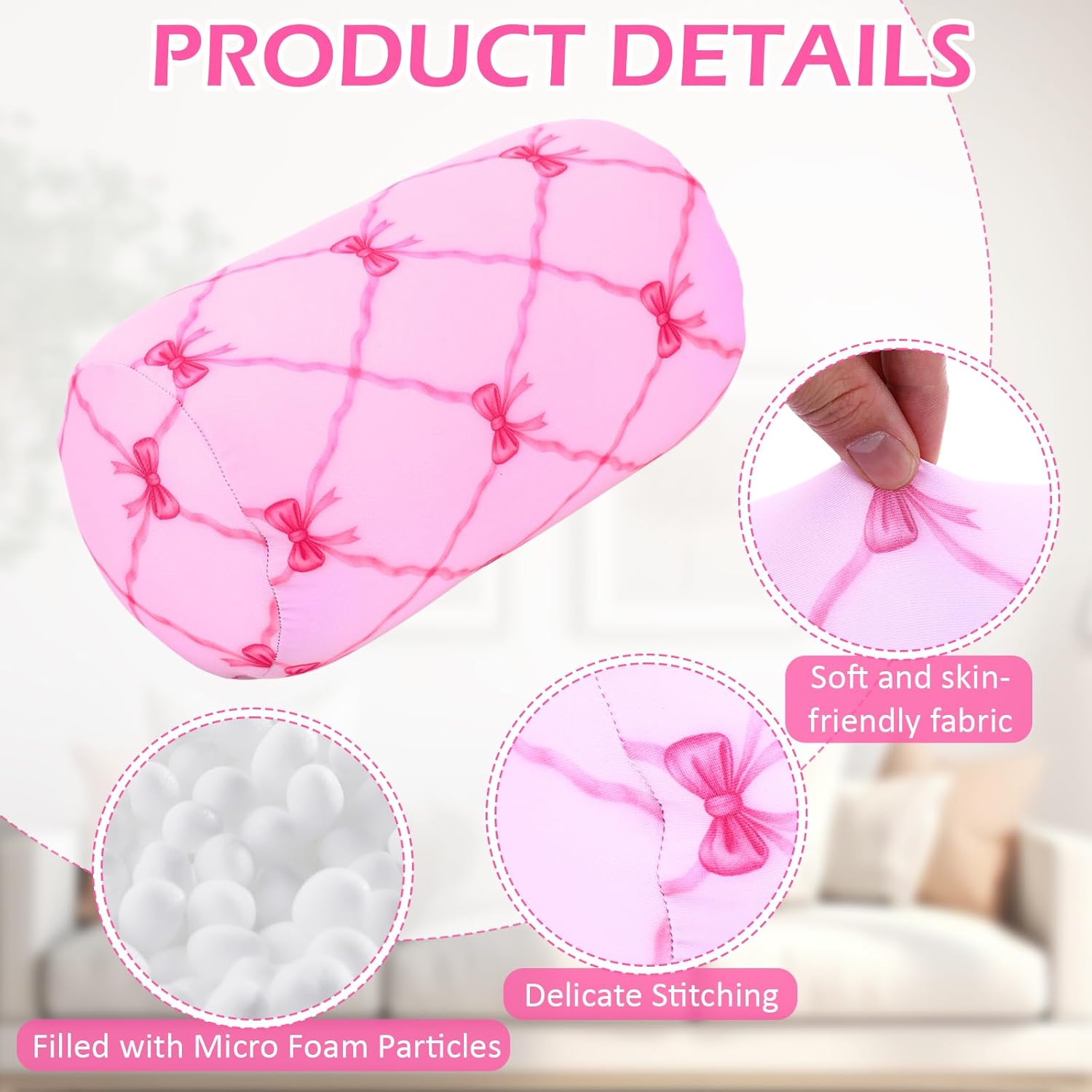 Novabright Micro Bead Neck Pillow with Storage Bag 12" x 6" Mellow Bean Bag Pillow Soft Tube Support Bolster for Adult Travel Chair Sleeping Car Seat, Airplane Surgery Recovery(Pink Bow)