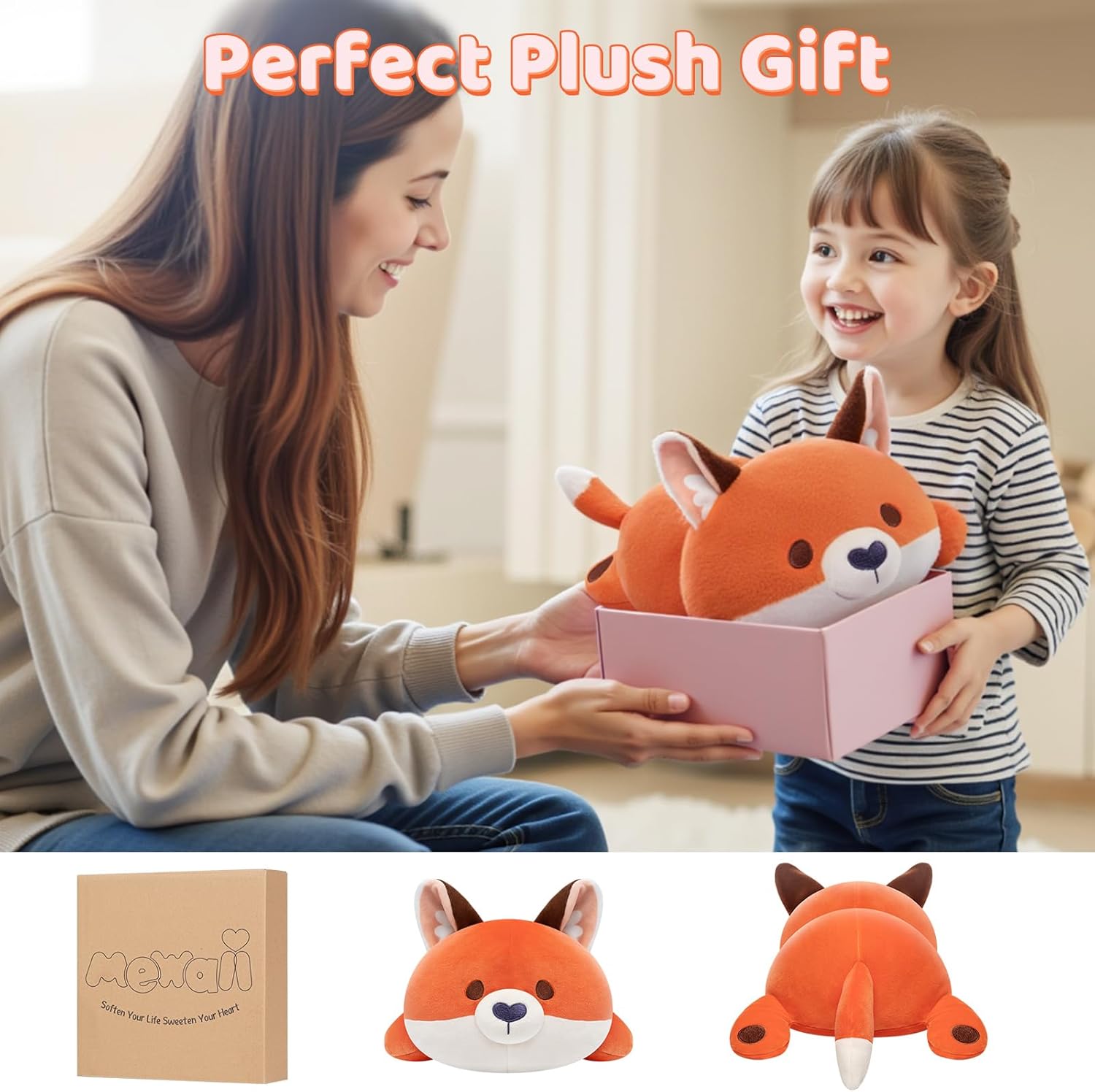 Mewaii Cute Fox Plush Pillow, Kawaii Plushies Red Fox Stuffed Animals, Squishy Plushies, Cuddle Foxes Plush Pillow for Kids & Girls (13 Inch)