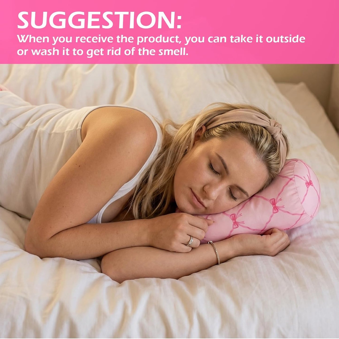 Novabright Micro Bead Neck Pillow with Storage Bag 12" x 6" Mellow Bean Bag Pillow Soft Tube Support Bolster for Adult Travel Chair Sleeping Car Seat, Airplane Surgery Recovery(Pink Bow)