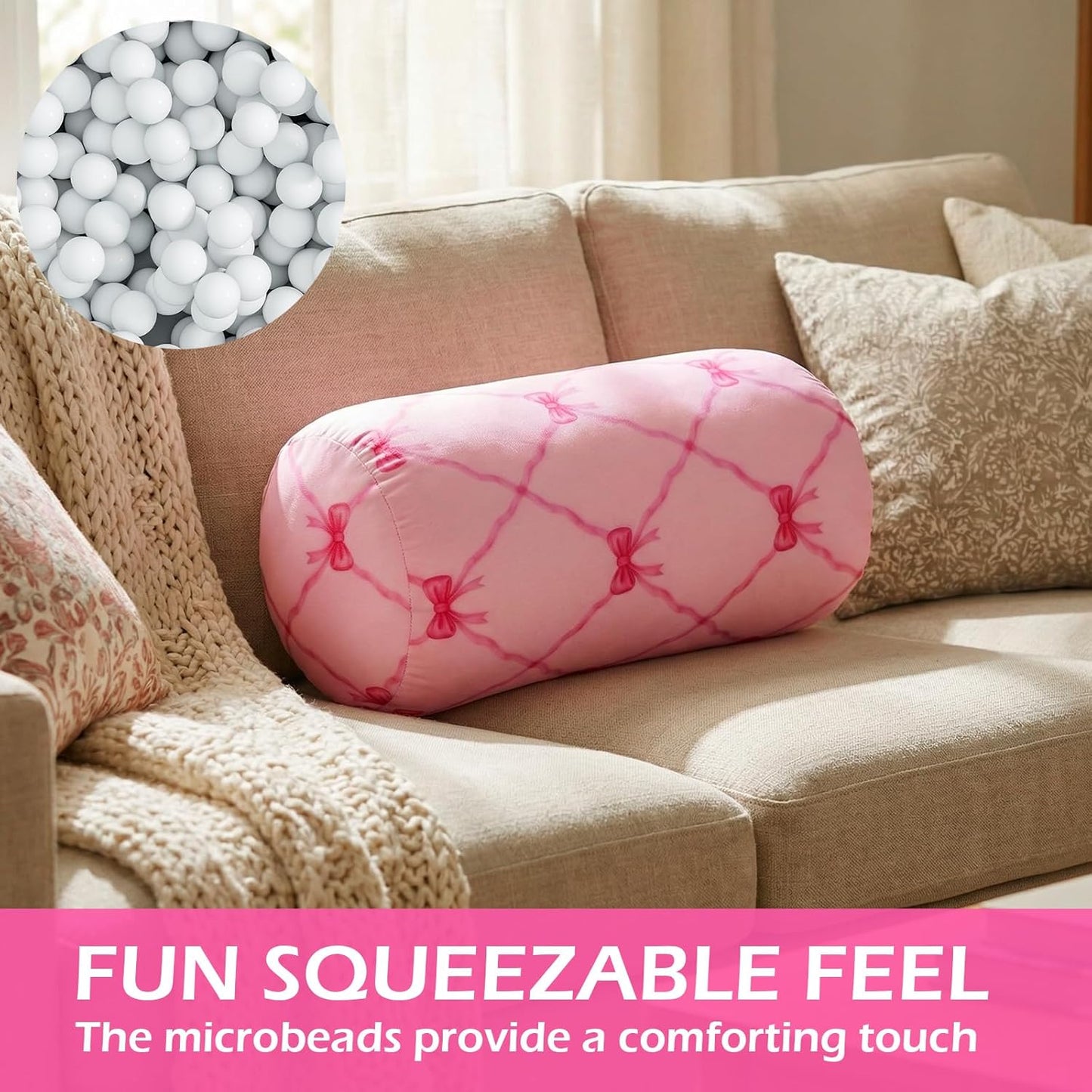 Novabright Micro Bead Neck Pillow with Storage Bag 12" x 6" Mellow Bean Bag Pillow Soft Tube Support Bolster for Adult Travel Chair Sleeping Car Seat, Airplane Surgery Recovery(Pink Bow)
