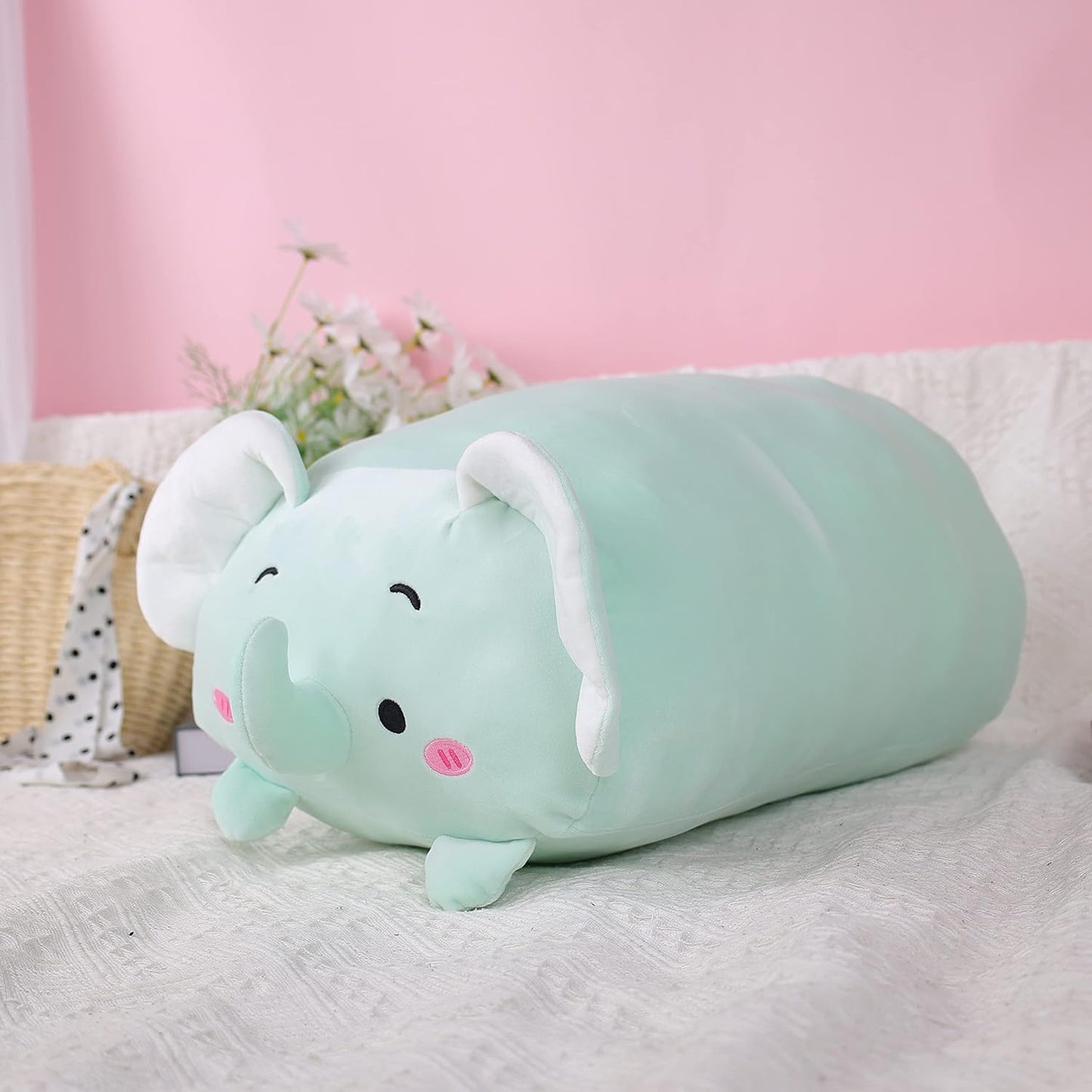 TemBe 23.6 inch Cute Large Elephant Plush Stuffed Animal Pillow, Very Soft Squish Mellow Hugging Toy Gifts for Bedding, Kids Sleeping Cute Pillow (Green Elephant)