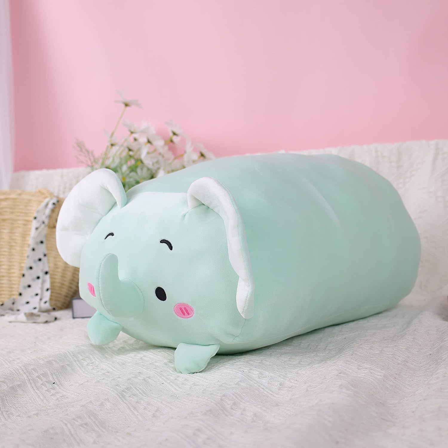 TemBe 23.6 inch Cute Large Elephant Plush Stuffed Animal Pillow, Very Soft Squish Mellow Hugging Toy Gifts for Bedding, Kids Sleeping Cute Pillow (Green Elephant)