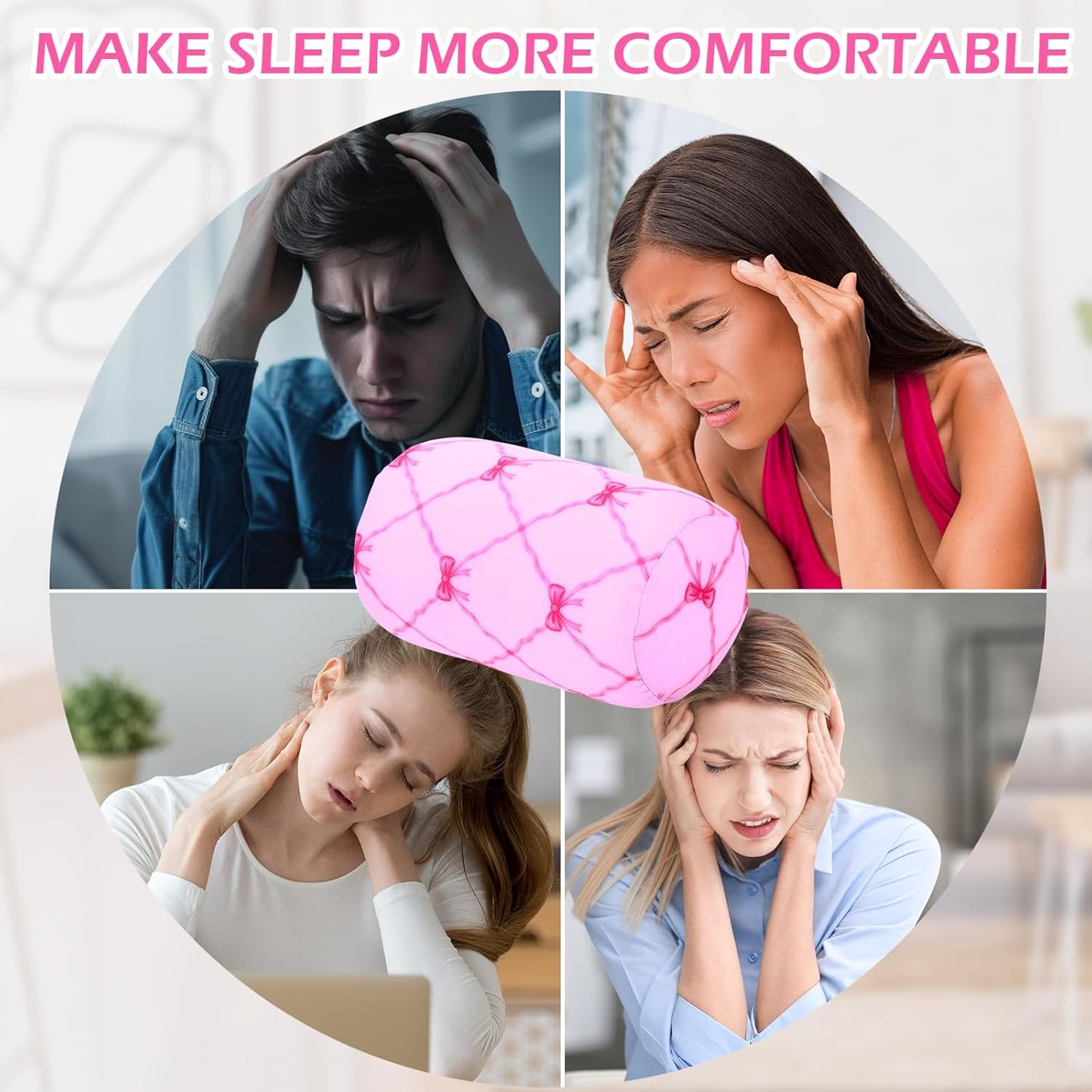 Novabright Micro Bead Neck Pillow with Storage Bag 12" x 6" Mellow Bean Bag Pillow Soft Tube Support Bolster for Adult Travel Chair Sleeping Car Seat, Airplane Surgery Recovery(Pink Bow)