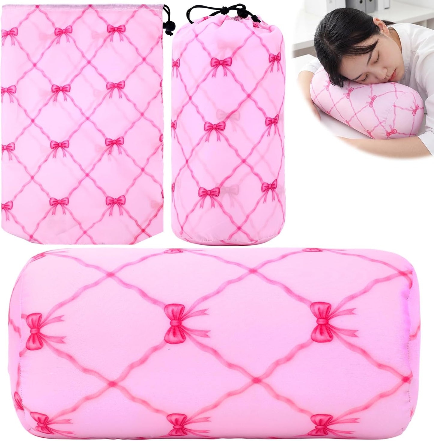 Novabright Micro Bead Neck Pillow with Storage Bag 12" x 6" Mellow Bean Bag Pillow Soft Tube Support Bolster for Adult Travel Chair Sleeping Car Seat, Airplane Surgery Recovery(Pink Bow)