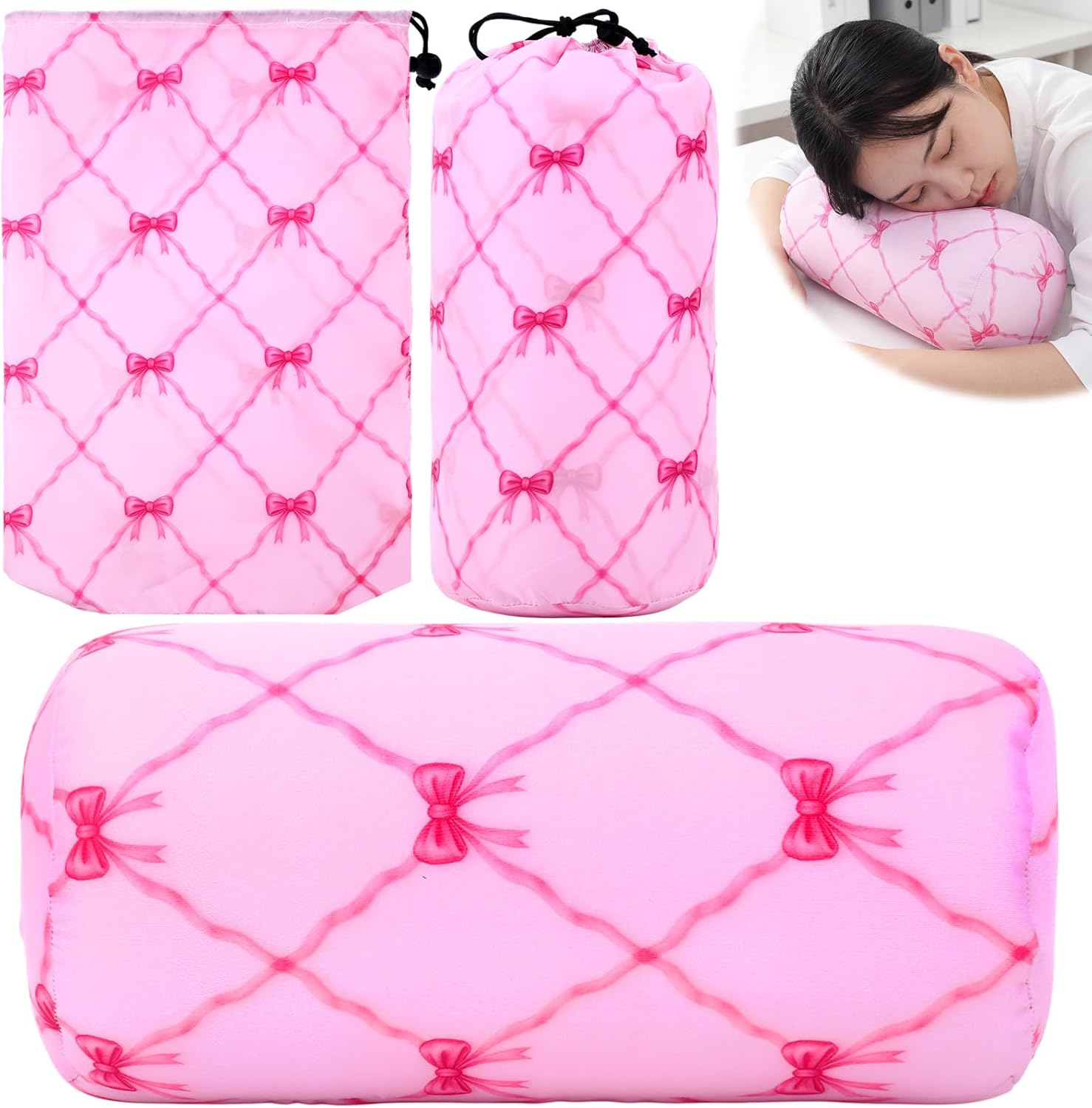 Novabright Micro Bead Neck Pillow with Storage Bag 12" x 6" Mellow Bean Bag Pillow Soft Tube Support Bolster for Adult Travel Chair Sleeping Car Seat, Airplane Surgery Recovery(Pink Bow)