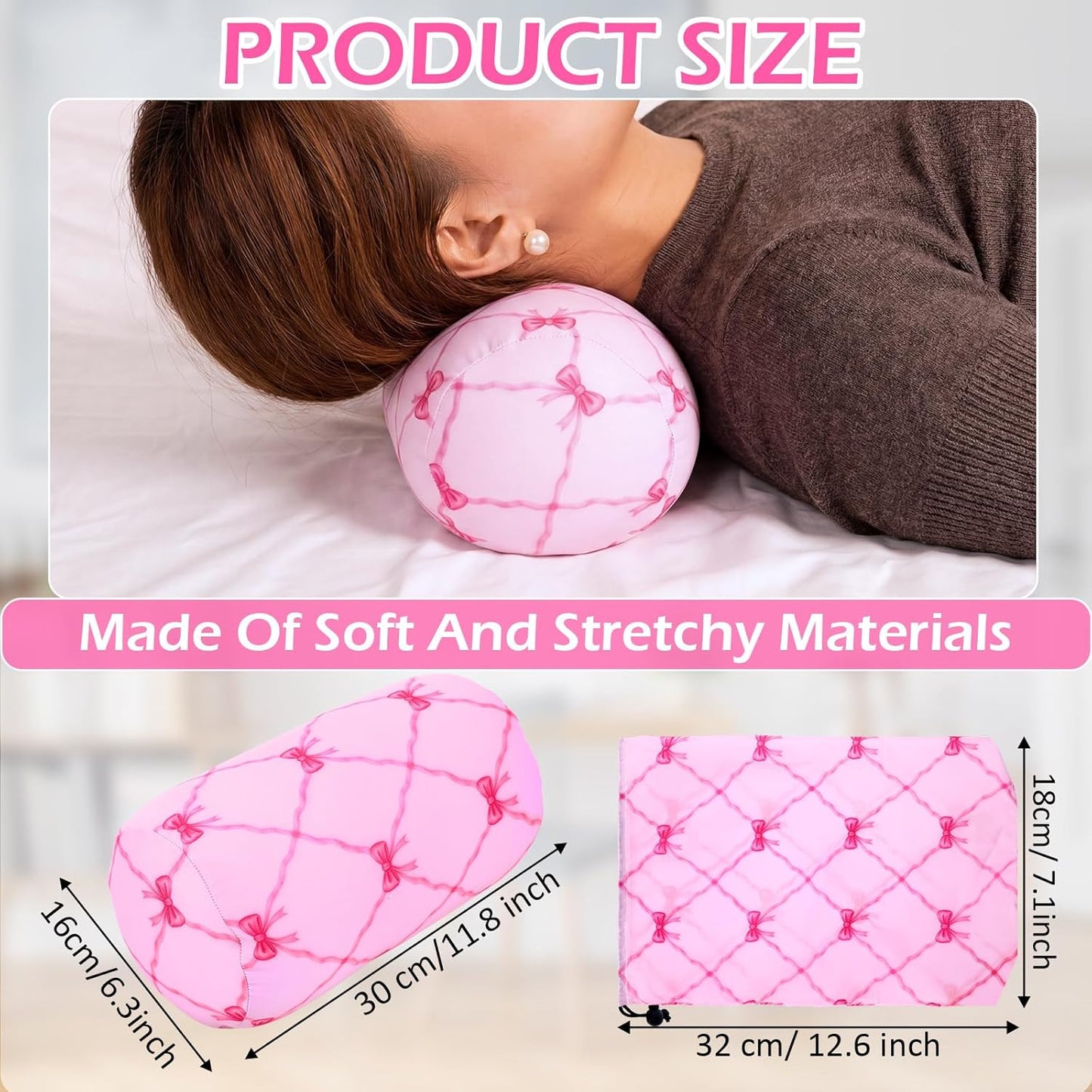 Novabright Micro Bead Neck Pillow with Storage Bag 12" x 6" Mellow Bean Bag Pillow Soft Tube Support Bolster for Adult Travel Chair Sleeping Car Seat, Airplane Surgery Recovery(Pink Bow)
