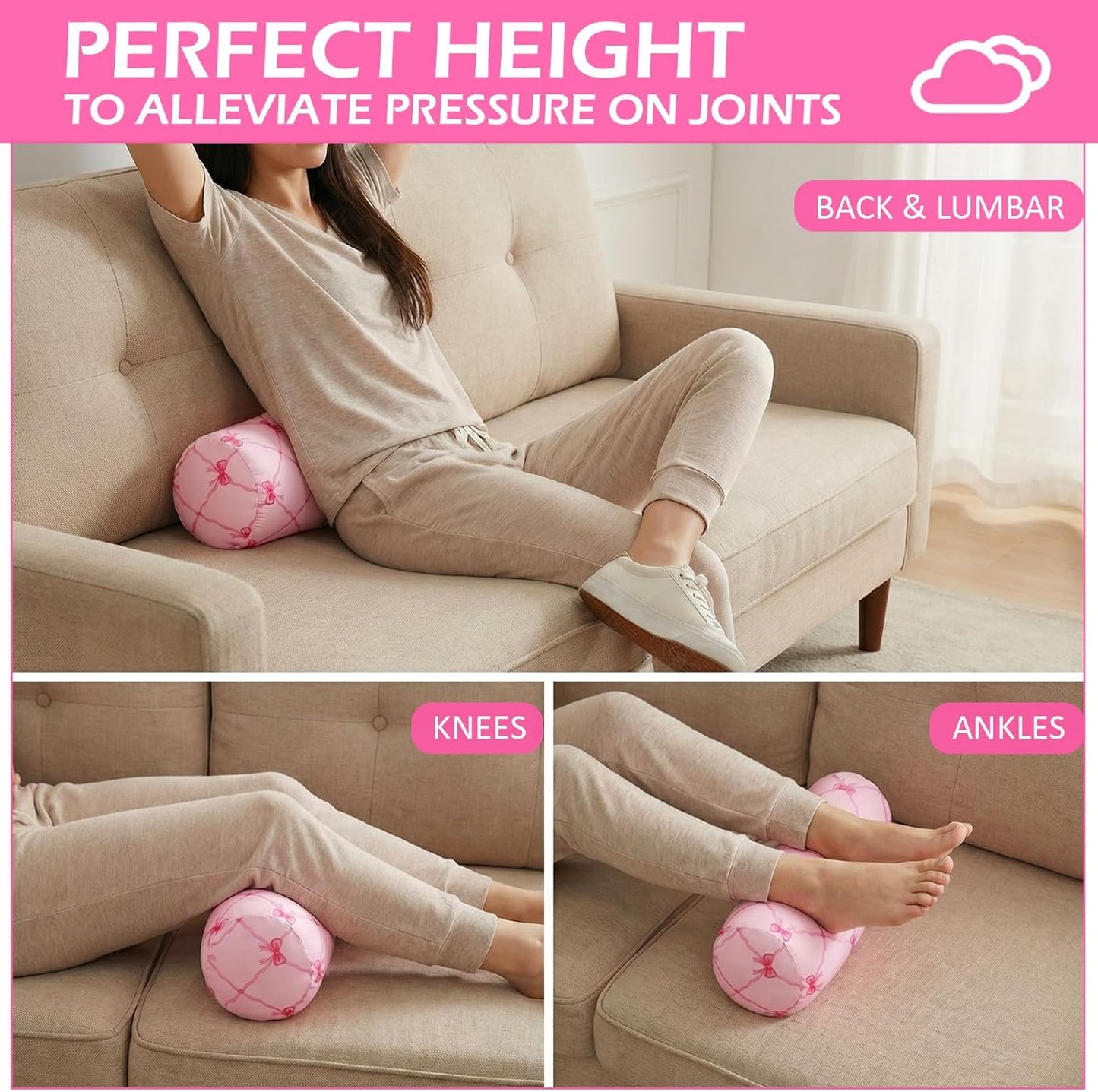 Novabright Micro Bead Neck Pillow with Storage Bag 12" x 6" Mellow Bean Bag Pillow Soft Tube Support Bolster for Adult Travel Chair Sleeping Car Seat, Airplane Surgery Recovery(Pink Bow)